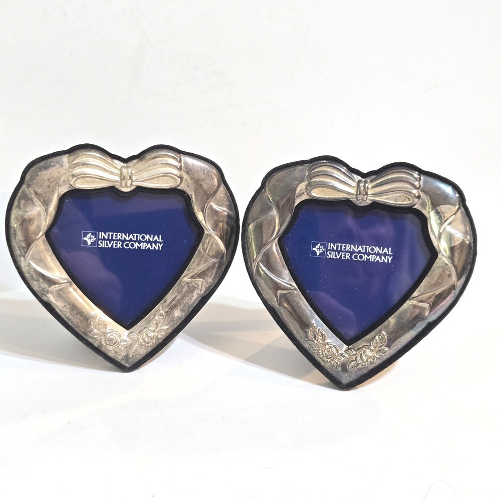 International Silver Plate Heart Picture Frame 4x4 Bow Rose Set 2 free standing